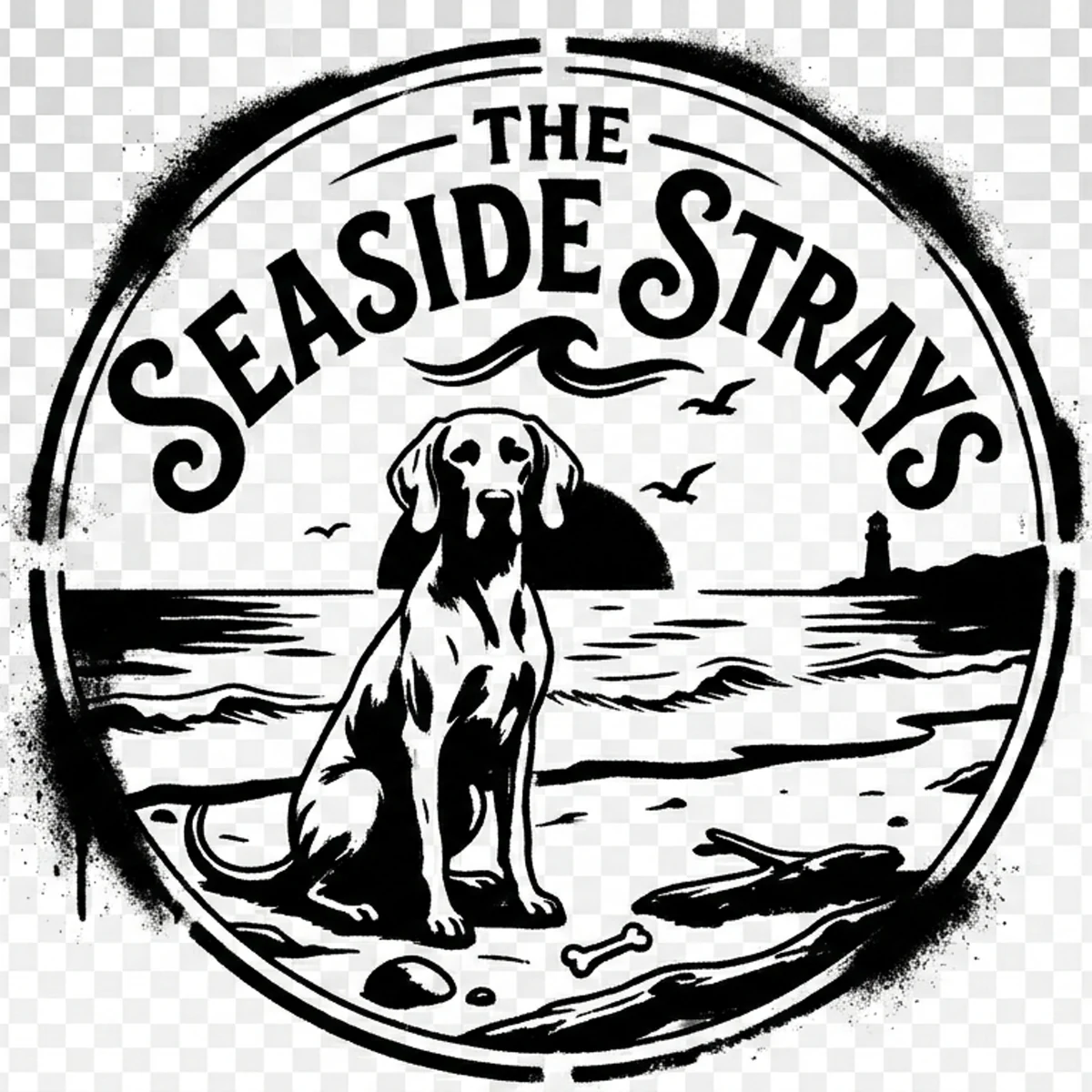 Pochette de l’album Seaside Strays avec chien, océan et phare