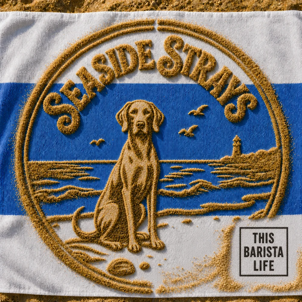 Pochette This Barista Life de Seaside Strays, en bleu, blanc et couleur café