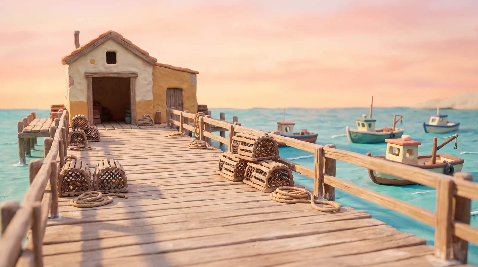 Quai miniature avec casiers de pêche et petits bateaux sur une mer turquoise