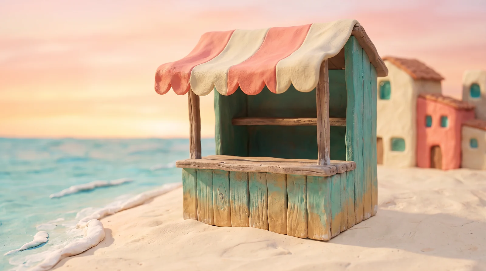 Petit kiosque miniature sur une plage pastel